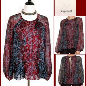 New Cinq a Sept Silk Chiffon Floral Tie Back Peplum Blouse Red Black Sz XS
